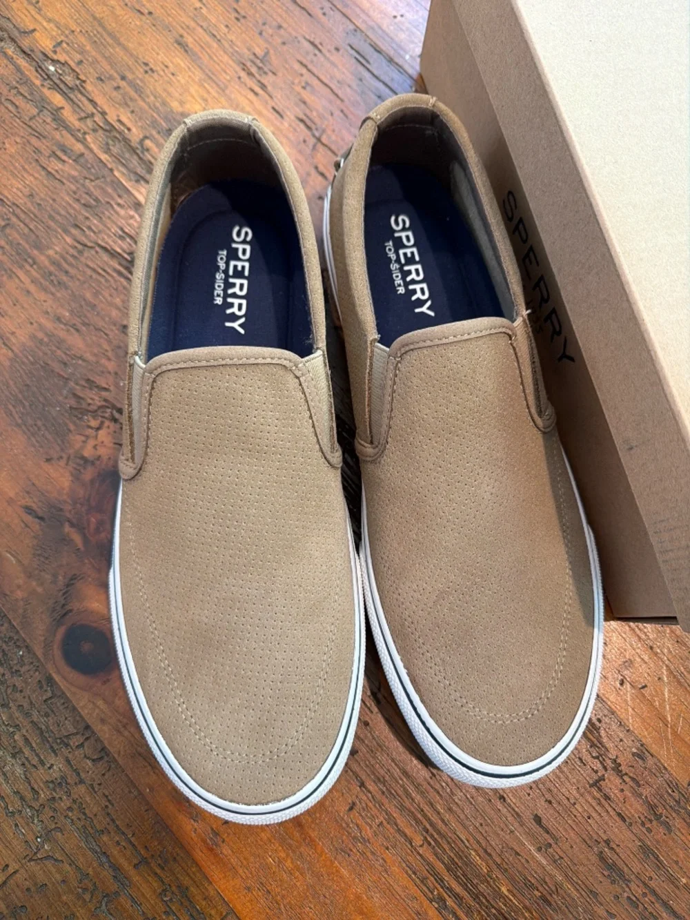 Mens 10.5 Sperry Top Sliders Striper II Taupe